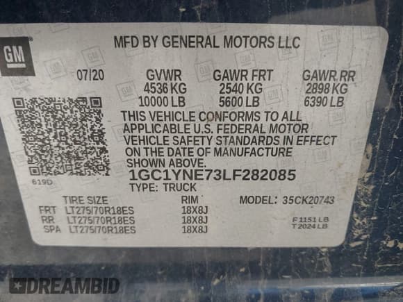 ✅ 2020 Chevrolet Silverado 2500HD LT • VIN: 1GC1YNE73LF282085 • Lot: 43360041. Listed on IAAI with 125,631 mi. Free auction sales archive from the USA and detailed vehicle history report at DreamBid. Image 9.