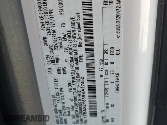 ✅ 2024 Ford Transit Passenger XLT • VIN: 1FBAX2Y83RKA17452 • Лот: 90805775. Опубликован ранее на Copart с пробегом 39 488 миль. Бесплатный доступ к архиву аукционных продаж из США и подробный отчёт об истории автомобиля на DreamBid. Изображение 13.