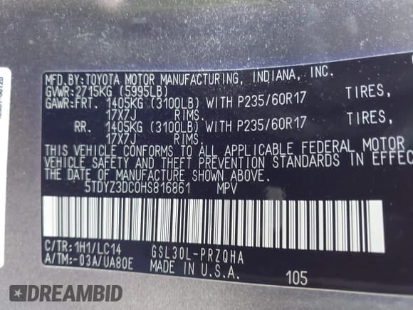 ✅ 2017 Toyota Sienna XLE Auto Access Seat • VIN: 5TDYZ3DC0HS816861 • Lot: 42040429. Listed on IAAI with 117,247 mi. Free auction sales archive from the USA and detailed vehicle history report at DreamBid. Image 9.