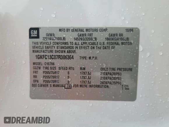 ✅ 2007 GMC Yukon SLE • VIN: 1GKFC13C07R306364 • Lot: 60938334. Listed on Copart with 170,034 mi. Free auction sales archive from the USA and detailed vehicle history report at DreamBid. Image 15.