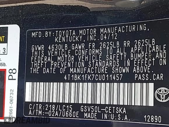 ✅ 2012 Toyota Camry SE • VIN: 4T1BK1FK7CU011457 • Lot: 42607693. Listed on IAAI with 81,269 mi. Free auction sales archive from the USA and detailed vehicle history report at DreamBid. Image 9.