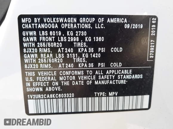 ✅ 2019 Volkswagen Atlas SE • VIN: 1V2UR2CA8KC603320 • Lot: 42788750. Listed on IAAI with 103,861 mi. Free auction sales archive from the USA and detailed vehicle history report at DreamBid. Image 9.