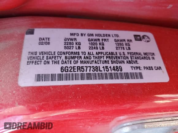 ✅ 2008 Pontiac G8 • VIN: 6G2ER57738L151489 • Лот: 68314645. Опубликован ранее на Copart с пробегом Не указан. Бесплатный доступ к архиву аукционных продаж из США и подробный отчёт об истории автомобиля на DreamBid. Изображение 13.