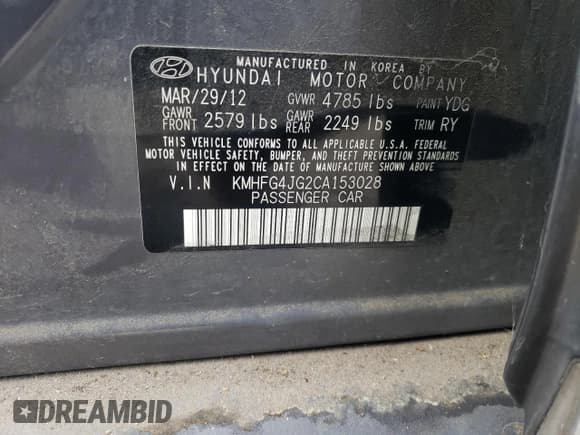✅ 2012 Hyundai Azera • VIN: KMHFG4JG2CA153028 • Lot: 92116315. Listed on Copart with 212,209 mi. Free auction sales archive from the USA and detailed vehicle history report at DreamBid. Image 12.