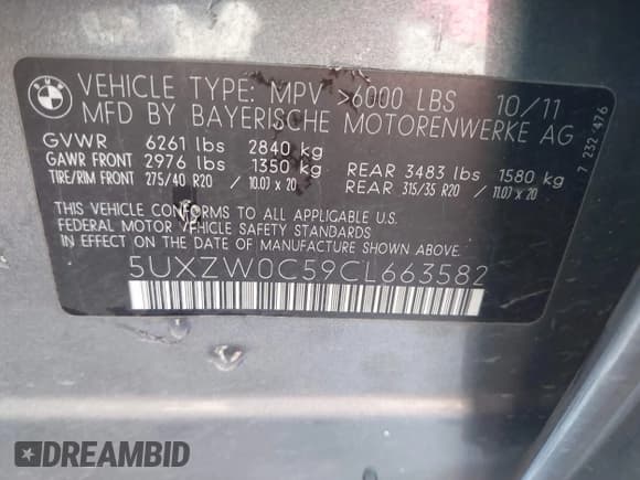 ✅ 2012 BMW X5 35d • VIN: 5UXZW0C59CL663582 • Lot: 43671625. Listed on IAAI with 193,230 mi. Free auction sales archive from the USA and detailed vehicle history report at DreamBid. Image 9.