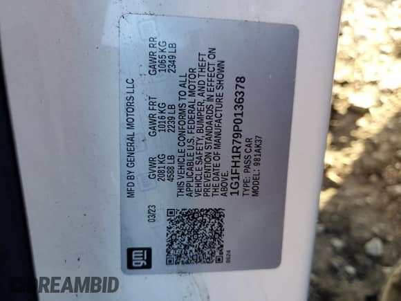 2023 Chevrolet Camaro 2SS с VIN 1G1FH1R79P0136378, выставлен на аукционе Copart как лот 82655285 с пробегом 18 221 миль миль и Списание • Salvage title. История ставок и продаж доступна на DreamBid. Изображение 13.