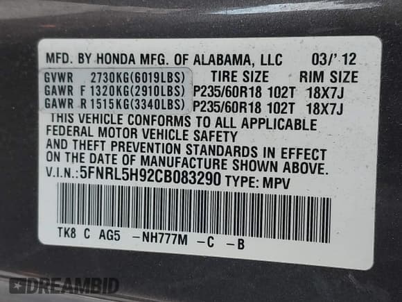 ✅ 2012 Honda Odyssey Touring • VIN: 5FNRL5H92CB083290 • Lot: 43664749. Listed on IAAI with 315,361 mi. Free auction sales archive from the USA and detailed vehicle history report at DreamBid. Image 9.