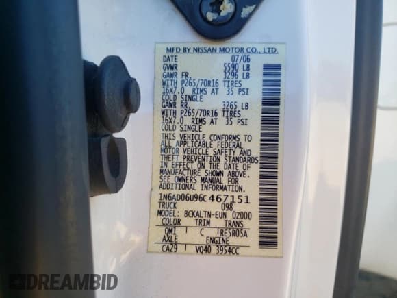 ✅ 2006 Nissan Frontier SE • VIN: 1N6AD06U96C467151 • Lot: 91508145. Listed on Copart with 90,104 mi. Free auction sales archive from the USA and detailed vehicle history report at DreamBid. Image 13.