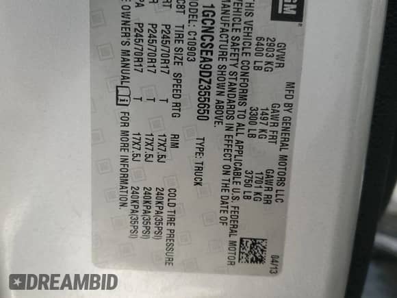 2013 Chevrolet Silverado 1500 LT with VIN 1GCNCSEA9DZ355650, listed as a Copart auction lot 45947255 with 75,568 mi miles and Salvage title. Bid and sale history available at DreamBid. Image 14.