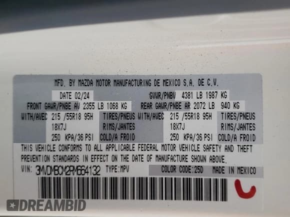 ✅ 2024 Mazda CX-30 S Carbon Edition • VIN: 3MVDMBCM2RM664132 • Lot: 55491065. Listed on Copart with 6,407 mi. Free auction sales archive from the USA and detailed vehicle history report at DreamBid. Image 12.