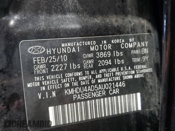 2010 Hyundai Elantra GLS z VIN KMHDU4AD5AU021446, wystawiony jako Copart lot #70628594 z przebiegiem Nie podano mil oraz Szkoda całkowita • Salvage title. Historia ofert i sprzedaży dostępna na DreamBid. Obrazek 13.