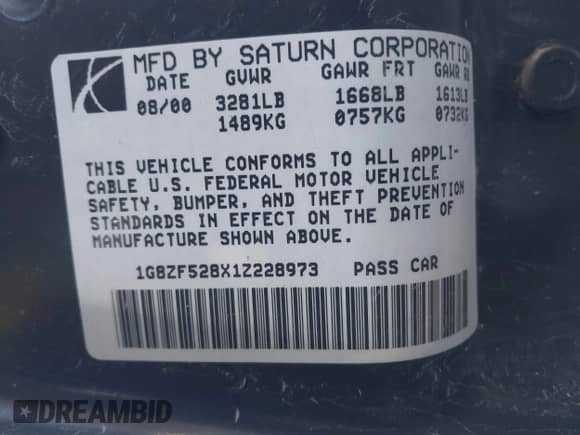 2001 Saturn SL with VIN 1G8ZF528X1Z228973, listed as a IAAI auction lot 43582331 with Not provided miles and . Bid and sale history available at DreamBid. Image 9.