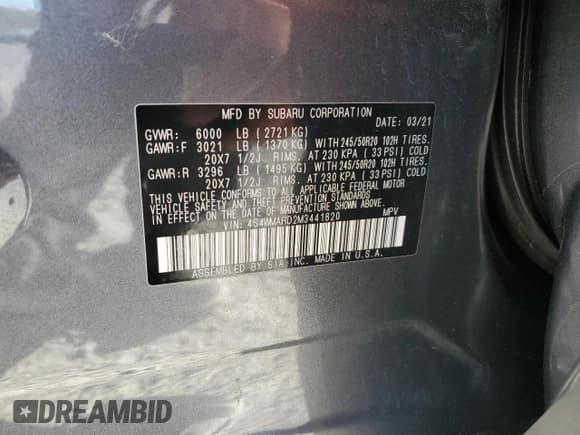 ✅ 2021 Subaru Ascent Touring • VIN: 4S4WMARD2M3441820 • Лот: 91546755. Опубликован ранее на Copart с пробегом 67 292 миль. Бесплатный доступ к архиву аукционных продаж из США и подробный отчёт об истории автомобиля на DreamBid. Изображение 13.