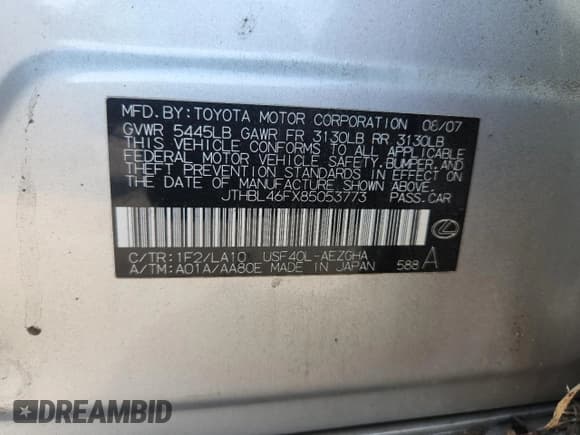 ✅ 2008 Lexus LS 460 • VIN: JTHBL46FX85053773 • Лот: 93182825. Опубликован ранее на Copart с пробегом 157 332 миль. Бесплатный доступ к архиву аукционных продаж из США и подробный отчёт об истории автомобиля на DreamBid. Изображение 12.