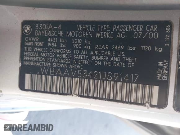 2001 BMW 3 Series 330i с VIN WBAAV53421JS91417, выставлен на аукционе IAAI как лот 43567041 с пробегом 273 858 миль миль и . История ставок и продаж доступна на DreamBid. Изображение 9.