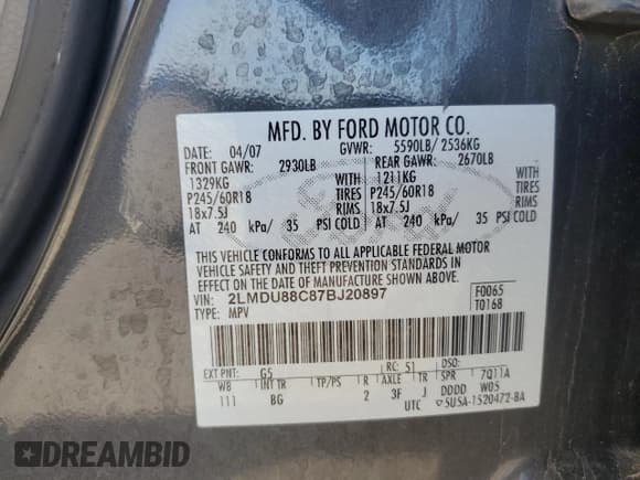 ✅ 2007 Lincoln MKX • VIN: 2LMDU88C87BJ20897 • Lot: 81992195. Listed on Copart with 201,781 mi. Free auction sales archive from the USA and detailed vehicle history report at DreamBid. Image 13.