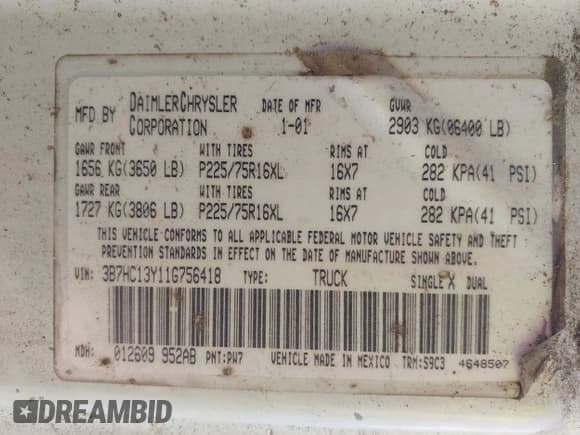 ✅ 2001 Dodge 1500 • VIN: 3B7HC13Y11G756418 • Lot: 43155987. Listed on IAAI with 182,064 mi. Free auction sales archive from the USA and detailed vehicle history report at DreamBid. Image 9.