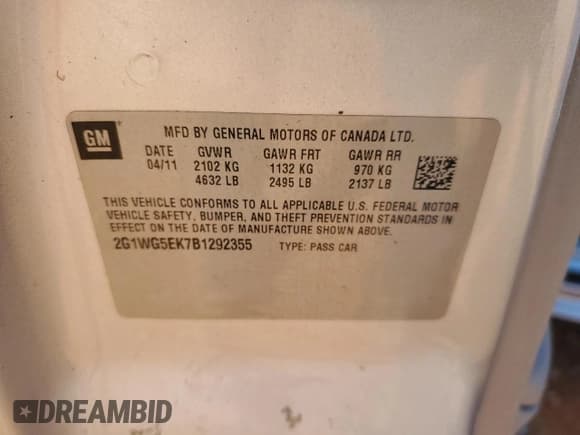 ✅ 2011 Chevrolet Impala LT Fleet • VIN: 2G1WG5EK7B1292355 • Lot: 86806245. Listed on Copart with 122,118 mi. Free auction sales archive from the USA and detailed vehicle history report at DreamBid. Image 12.