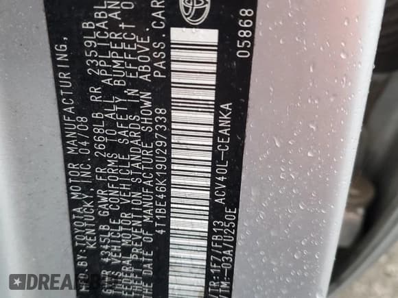 ✅ 2009 Toyota Camry LE • VIN: 4T1BE46K19U297338 • Lot: 93310785. Listed on Copart with 206,541 mi. Free auction sales archive from the USA and detailed vehicle history report at DreamBid. Image 12.