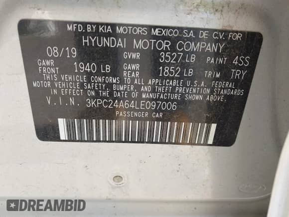 2020 Hyundai Accent SE with VIN 3KPC24A64LE097006, listed as a IAAI auction lot 43097319 with 41,443 mi miles and . Bid and sale history available at DreamBid. Image 9.