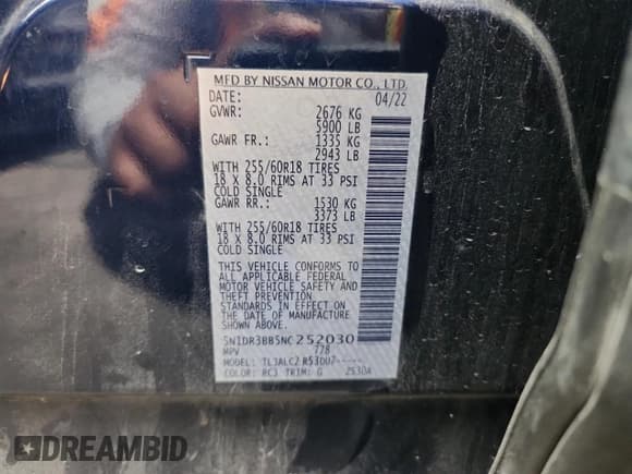 ✅ 2022 Nissan Pathfinder SV • VIN: 5N1DR3BB5NC252030 • Lot: 81257865. Listed on Copart with 51,039 mi. Free auction sales archive from the USA and detailed vehicle history report at DreamBid. Image 13.