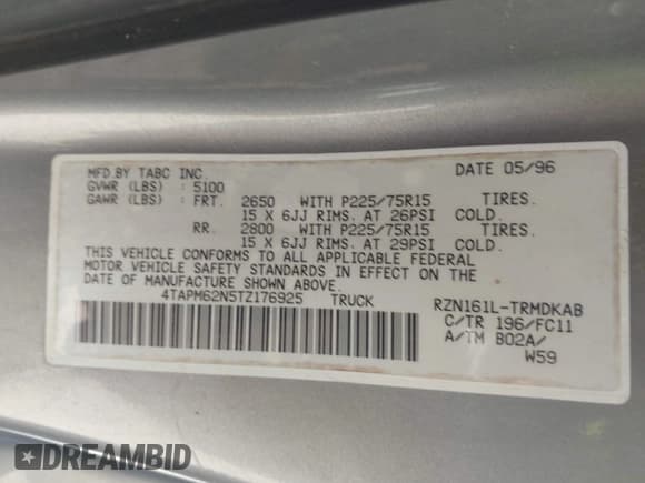 ✅ 1996 Toyota Tacoma • VIN: 4TAPM62N5TZ176925 • Lot: 42448560. Listed on IAAI with 236,930 mi. Free auction sales archive from the USA and detailed vehicle history report at DreamBid. Image 9.