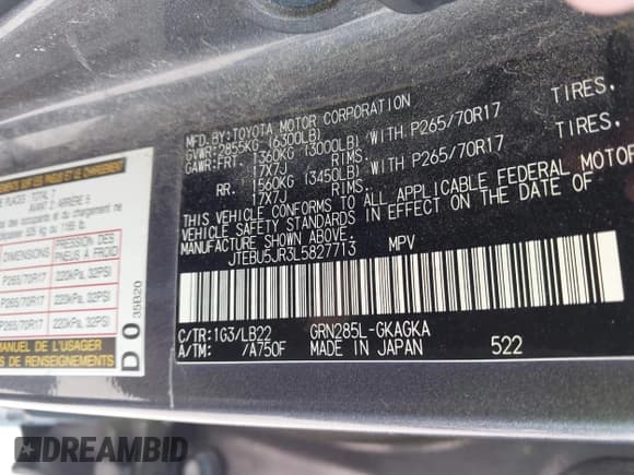 ✅ 2020 Toyota 4Runner SR5 Premium • VIN: JTEBU5JR3L5827713 • Lot: 43132288. Listed on IAAI with Not provided. Free auction sales archive from the USA and detailed vehicle history report at DreamBid. Image 9.