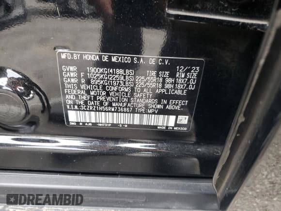 ✅ 2024 Honda HR-V Sport • VIN: 3CZRZ1H56RM736867 • Lot: 92384065. Listed on Copart with 20,238 mi. Free auction sales archive from the USA and detailed vehicle history report at DreamBid. Image 13.