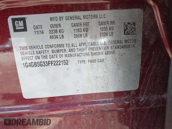 ✅ 2015 Buick LaCrosse Leather • VIN: 1G4GB5G33FF222152 • Lot: 42092085. Listed on IAAI with 128,319 mi. Free auction sales archive from the USA and detailed vehicle history report at DreamBid. Image 9.