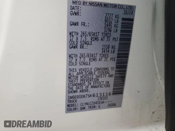 ✅ 2025 Nissan Frontier SV • VIN: 1N6ED1EK7SN613116 • Лот: 60922045. Опубликован ранее на Copart с пробегом 3 079 миль. Бесплатный доступ к архиву аукционных продаж из США и подробный отчёт об истории автомобиля на DreamBid. Изображение 12.