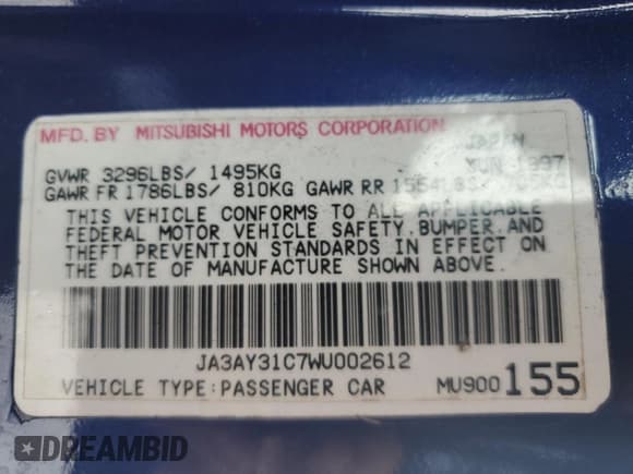 ✅ 1998 Mitsubishi Mirage LS • VIN: JA3AY31C7WU002612 • Lot: 86883254. Listed on Copart with Not provided. Free auction sales archive from the USA and detailed vehicle history report at DreamBid. Image 13.