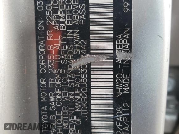 ✅ 2005 Toyota Prius • VIN: JTDKB20U853057442 • Lot: 71389665. Listed on Copart with 122,697 mi. Free auction sales archive from the USA and detailed vehicle history report at DreamBid. Image 12.