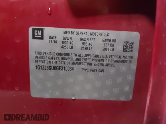 ✅ 2016 Chevrolet Malibu Hybrid • VIN: 1G1ZJ5SU0GF310084 • Lot: 43388707. Listed on IAAI with 141,678 mi. Free auction sales archive from the USA and detailed vehicle history report at DreamBid. Image 9.