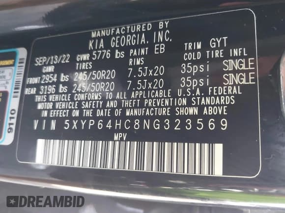 ✅ 2022 Kia Telluride S • VIN: 5XYP64HC8NG323569 • Lot: 42659152. Listed on IAAI with 96,985 mi. Free auction sales archive from the USA and detailed vehicle history report at DreamBid. Image 9.