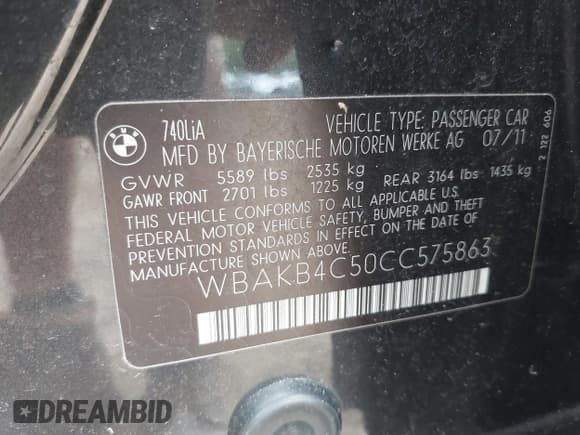 ✅ 2012 BMW 7 Series 740Li • VIN: WBAKB4C50CC575863 • Lot: 42984687. Listed on IAAI with 102,302 mi. Free auction sales archive from the USA and detailed vehicle history report at DreamBid. Image 9.