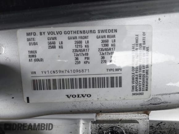 ✅ 2004 Volvo XC90 • VIN: YV1CN59H741096871 • Lot: 41595654. Listed on IAAI with 187,441 mi. Free auction sales archive from the USA and detailed vehicle history report at DreamBid. Image 9.