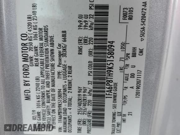 ✅ 2019 Ford Mustang EcoBoost • VIN: 1FA6P8TH9K5158094 • Lot: 84234735. Listed on Copart with 106,548 mi. Free auction sales archive from the USA and detailed vehicle history report at DreamBid. Image 12.