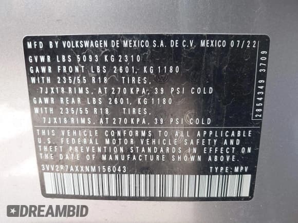✅ 2022 Volkswagen Tiguan SE • VIN: 3VV2B7AXXNM156043 • Lot: 43009418. Wystawiony na IAAI z przebiegiem 45 131 mil. Bezpłatny archiwum sprzedaży aukcyjnych z USA i szczegółowy raport historii pojazdu na DreamBid. Zdjęcie 9.