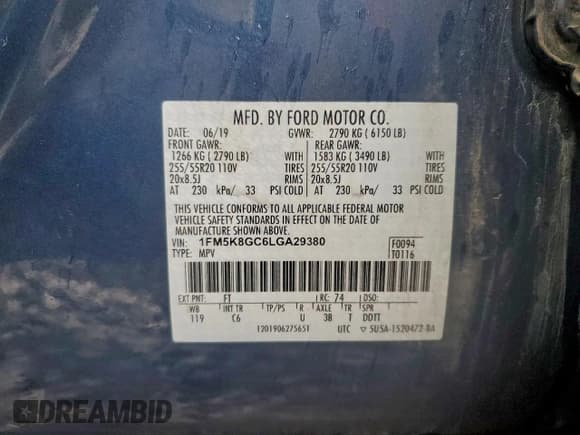 ✅ 2020 Ford Explorer ST • VIN: 1FM5K8GC6LGA29380 • Lot: 95013315. Wystawiony na Copart z przebiegiem 99 450 mil. Bezpłatny archiwum sprzedaży aukcyjnych z USA i szczegółowy raport historii pojazdu na DreamBid. Zdjęcie 13.
