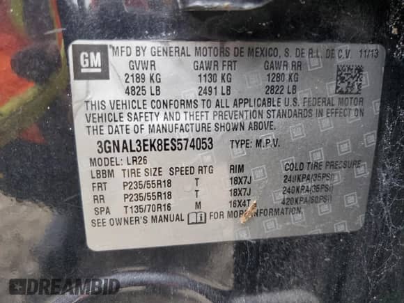 2014 Chevrolet Captiva Sport LT z VIN 3GNAL3EK8ES574053, wystawiony jako Copart lot #79318814 z przebiegiem 96 246 mil mil oraz Czysty tytuł • Clean title. Historia ofert i sprzedaży dostępna na DreamBid. Obrazek 12.