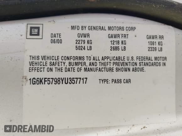 ✅ 2000 Cadillac DeVille • VIN: 1G6KF5798YU357717 • Лот: 43687436. Опубликован ранее на IAAI с пробегом 105 629 миль. Бесплатный доступ к архиву аукционных продаж из США и подробный отчёт об истории автомобиля на DreamBid. Изображение 9.