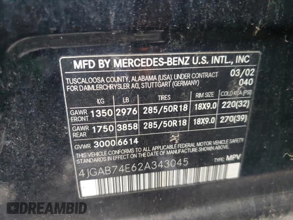 ✅ 2002 Mercedes-Benz M AMG • VIN: 4JGAB74E62A343045 • Lot: 57131115. Listed on Copart with 178,894 mi. Free auction sales archive from the USA and detailed vehicle history report at DreamBid. Image 13.