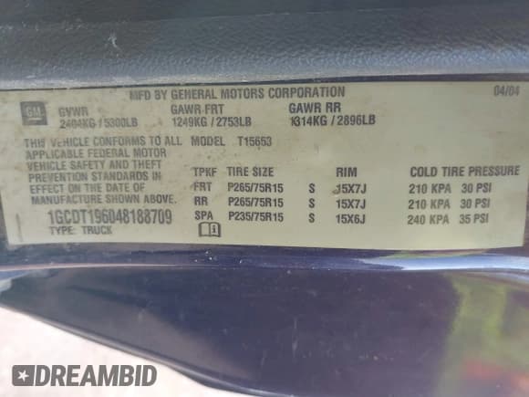 ✅ 2004 Chevrolet Colorado LS Z71 • VIN: 1GCDT196048188709 • Lot: 41685930. Listed on IAAI with 153,673 mi. Free auction sales archive from the USA and detailed vehicle history report at DreamBid. Image 9.