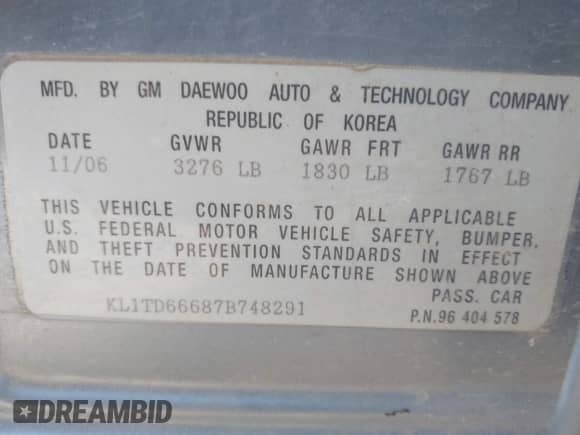 2007 Chevrolet Aveo LS with VIN KL1TD66687B748291, listed as a IAAI auction lot 39908234 with Not provided miles and . Bid and sale history available at DreamBid. Image 9.