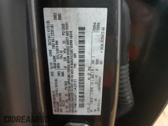 ✅ 2020 Ford Escape Titanium • VIN: 1FMCU9J91LUA25131 • Lot: 91041895. Listed on Copart with 102,819 mi. Free auction sales archive from the USA and detailed vehicle history report at DreamBid. Image 13.