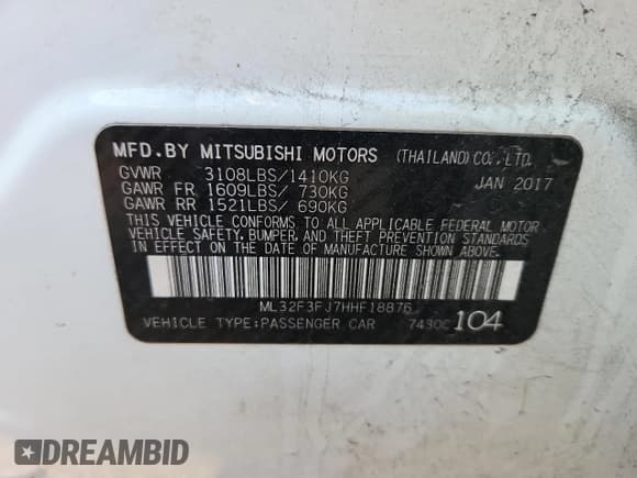 ✅ 2017 Mitsubishi Mirage ES • VIN: ML32F3FJ7HHF18876 • Lot: 90736045. Listed on Copart with 113,788 mi. Free auction sales archive from the USA and detailed vehicle history report at DreamBid. Image 13.