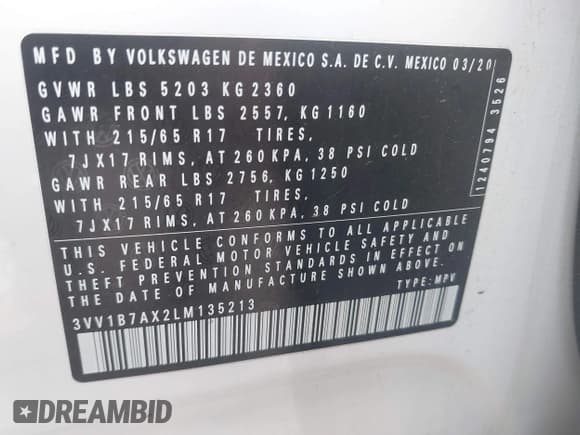✅ 2020 Volkswagen Tiguan S • VIN: 3VV1B7AX2LM135213 • Lot: 42670030. Wystawiony na IAAI z przebiegiem 90 124 mil. Bezpłatny archiwum sprzedaży aukcyjnych z USA i szczegółowy raport historii pojazdu na DreamBid. Zdjęcie 9.