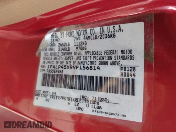 ✅ 1997 Ford Mustang GT • VIN: 1FALP45X9VF156814 • Лот: 42465849. Опубликован ранее на IAAI с пробегом 203 961 миль. Бесплатный доступ к архиву аукционных продаж из США и подробный отчёт об истории автомобиля на DreamBid. Изображение 9.