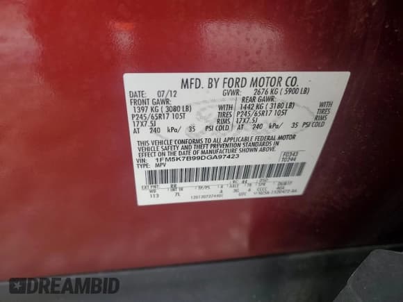 ✅ 2013 Ford Explorer • VIN: 1FM5K7B99DGA97423 • Lot: 63574595. Listed on Copart with 181,261 mi. Free auction sales archive from the USA and detailed vehicle history report at DreamBid. Image 13.