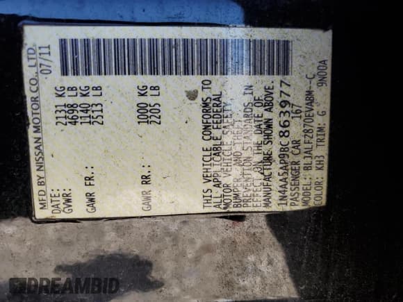 ✅ 2011 Nissan Maxima SV • VIN: 1N4AA5AP9BC863977 • Lot: 59791995. Listed on Copart with 82,138 mi. Free auction sales archive from the USA and detailed vehicle history report at DreamBid. Image 13.